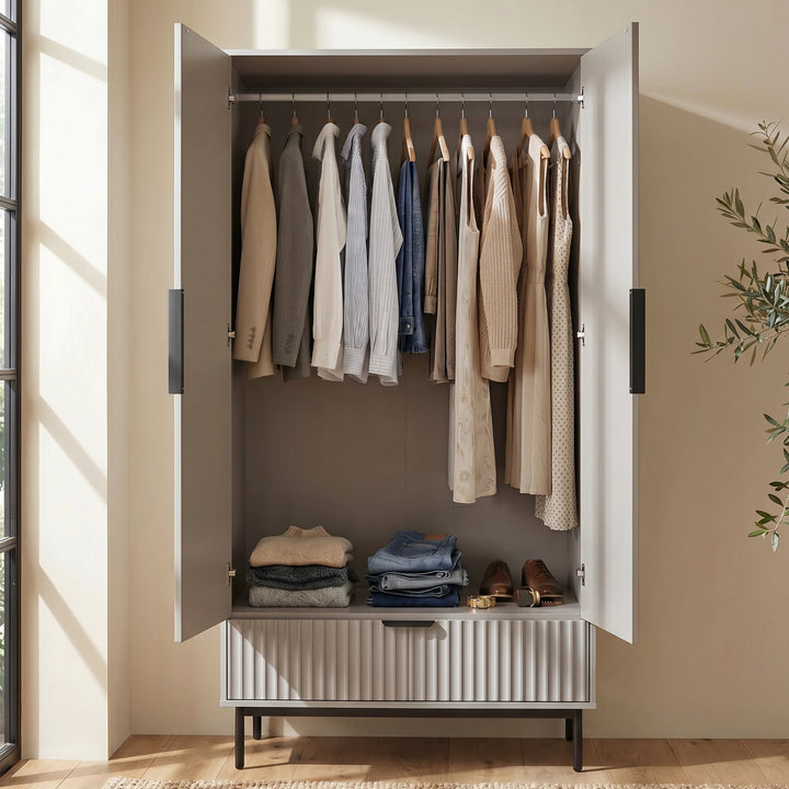 [Grey] flutrina wardrobe open interior view with hanging rail and lower drawer compartment for clothes storage