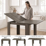 [Grey Wood] Woman extending the table through three labelled steps from closed to ready for use