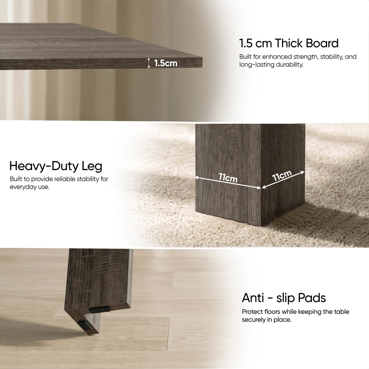 [Grey Wood] Detail guide showing board thickness, 11 x 11cm heavy-duty leg and anti-slip footpads protecting floors