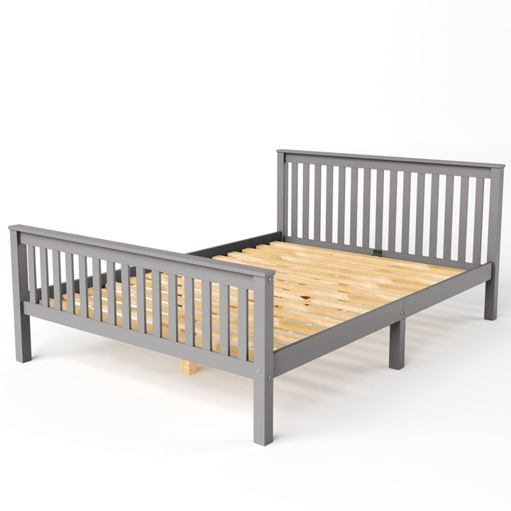 [Grey] double bed frame constructed with vertical slat rails at both ends and a flat wooden base supported by multiple legs