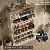 [White] open shoe cabinet capacity demo with two-tier internal racks holding heels, sneakers and brown leather boots