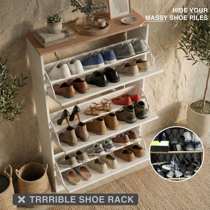 [White] open shoe cabinet capacity demo with two-tier internal racks holding heels, sneakers and brown leather boots