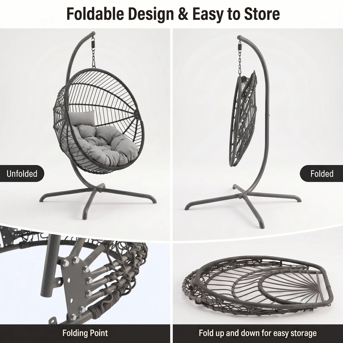 [Dark Grey] foldable hanging egg chair shown in a four-panel feature graphic. The top-left panel shows the chair unfolded with a dark cushion inside; the top-right panel shows it folded hanging from the stand.