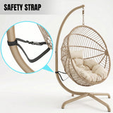 [Beige] Hanging egg chair with safety strap feature on a white background