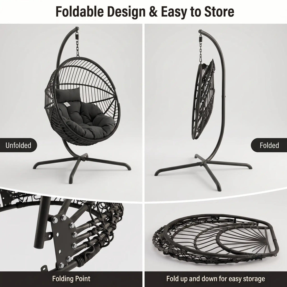 [Black] foldable hanging egg chair shown in a four-panel feature graphic. The top-left panel shows the chair unfolded with a dark cushion inside; the top-right panel shows it folded hanging from the stand.