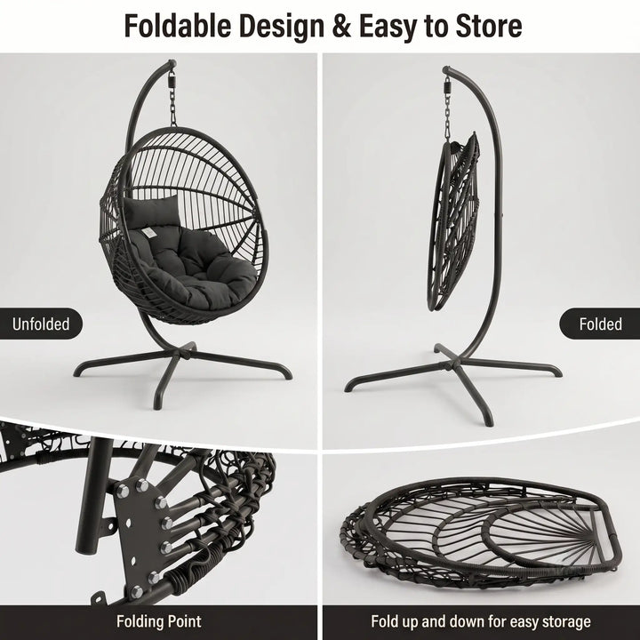 [Black] foldable hanging egg chair shown in a four-panel feature graphic. The top-left panel shows the chair unfolded with a dark cushion inside; the top-right panel shows it folded hanging from the stand.