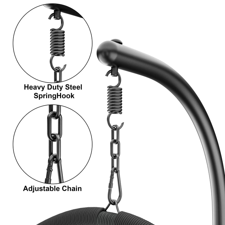 [Black] Hanging egg chair UK with heavy-duty steel spring hook and adjustable chain for safety.