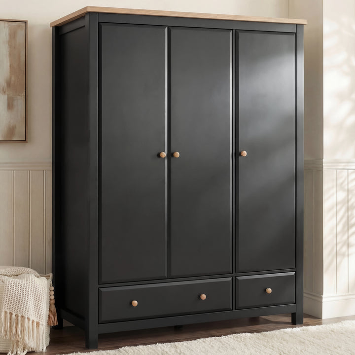 [Black] Haven wardrobe main shot, three-door body, oak veneer top, oak knob handles, 55 cm deep