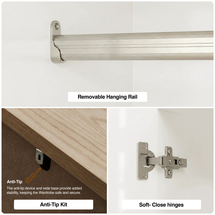[White] Haven 3-door wardrobe detail, removable hanging rail, soft-close hinge and anti-tip kit
