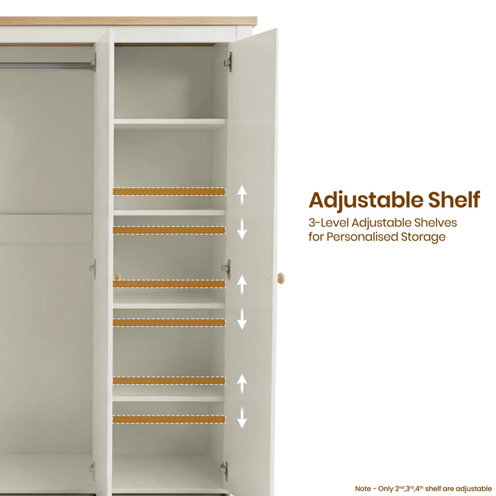 [White] Open wardrobe with adjustable shelves highlighted, showing customizable storage solution