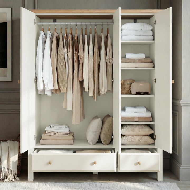 [White] Haven 3-door wardrobe open, hanging rail with clothes, side shelves stacked with folded items