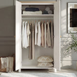 [White] Haven wardrobe interior open, hanging rail with clothes and top shelf, 3 piece bedroom furniture set