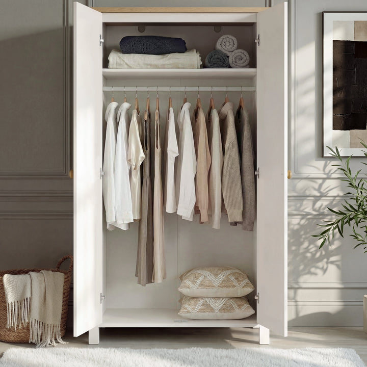 [White] Haven wardrobe interior open, hanging rail with clothes and top shelf, 3 piece bedroom furniture set