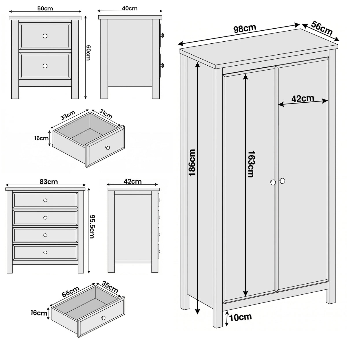 [White] Haven bedroom furniture set dimensions: wardrobe 98x56x186cm, chest 83x42x95.5cm, bedside 50x40x60cm