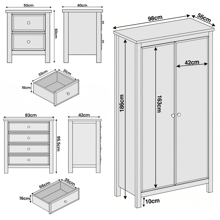 [White] Haven bedroom furniture set dimensions: wardrobe 98x56x186cm, chest 83x42x95.5cm, bedside 50x40x60cm
