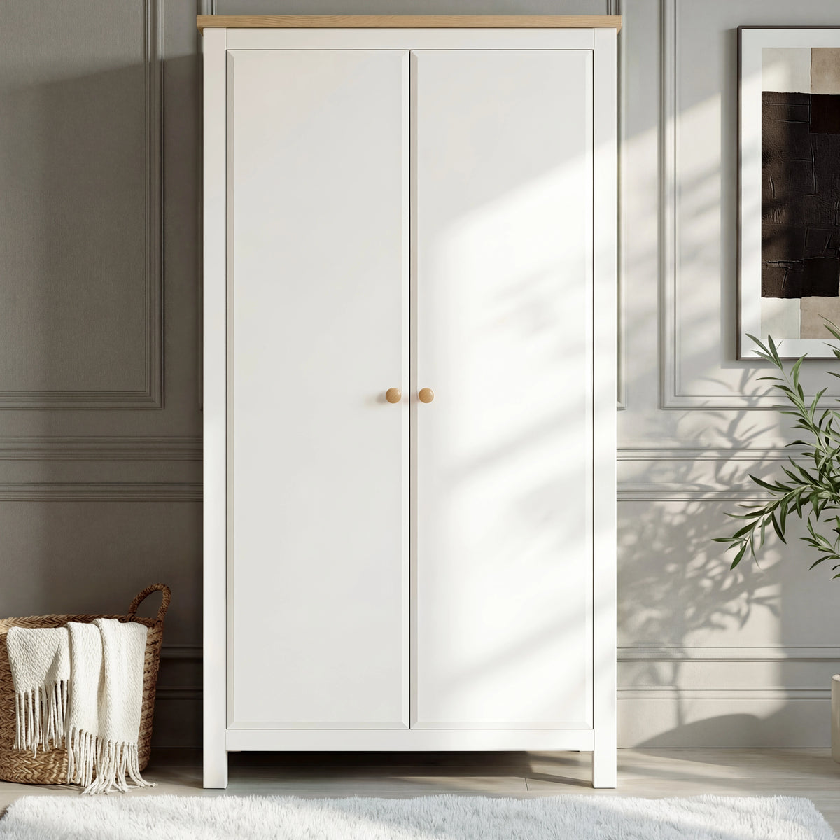 [White] Painted white Haven 2-door wardrobe from bedroom furniture set with oak top and matching knobs