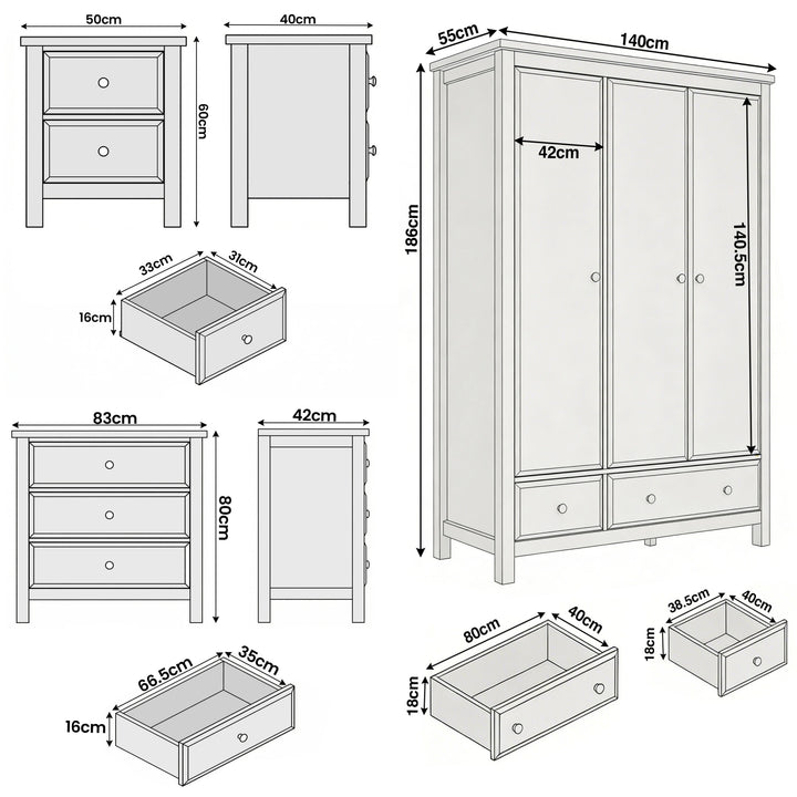 [Blue] Haven bedroom furniture set dimensions: wardrobe 140x55x186, chest 83x42x80, bedsides 50x40x60cm