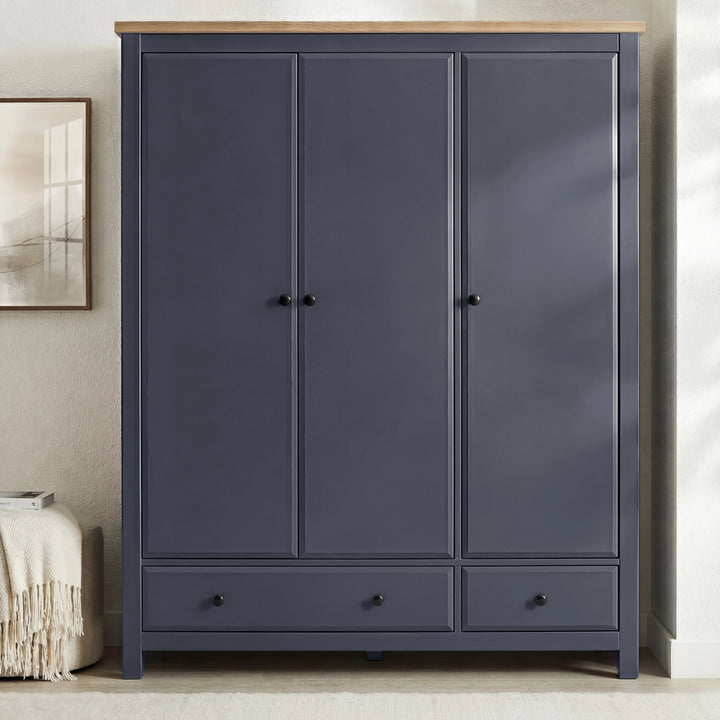 [Blue] Haven bedroom furniture set wardrobe front view showing 3 panelled doors, 2 drawers and oak veneer top