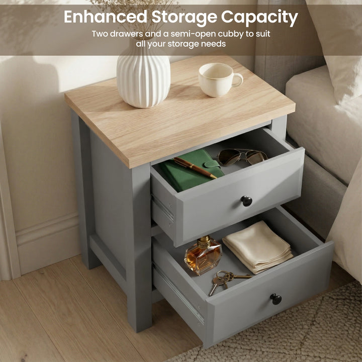 [Grey] Haven bedroom furniture set grey bedside storage detail: upper and lower drawer pulled open