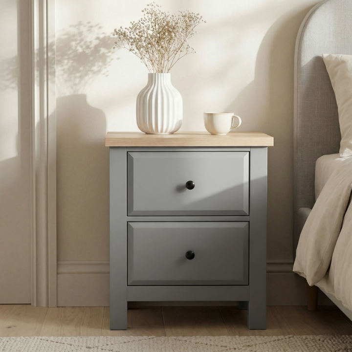 [Grey] Haven bedroom furniture set grey bedside with two drawers, black knobs and oak veneer top