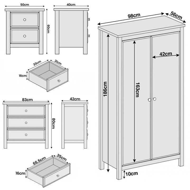 [Grey] Haven bedroom furniture set grey dimensions: wardrobe 98x56x186cm, chest 83x42x80cm, bedside 50x40x60cm