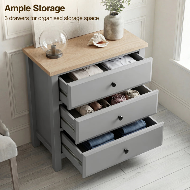 [Grey] Haven bedroom furniture set 3-drawer chest with all drawers open, oak top and panelled fronts