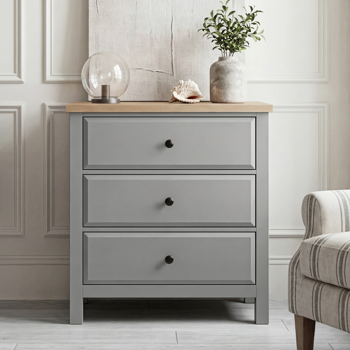 [Grey] Haven bedroom furniture set 3-drawer chest, oak top, front angle view with black knobs