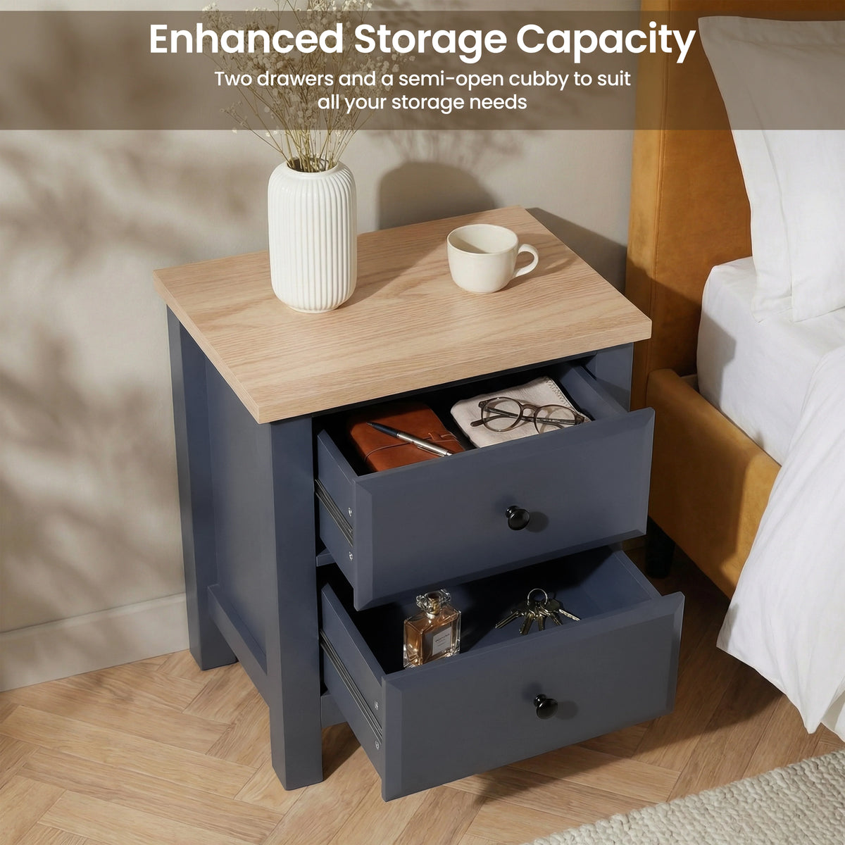 [Blue] 2 drawer bedside from Haven bedroom furniture set, both drawers open showing contents, oak top