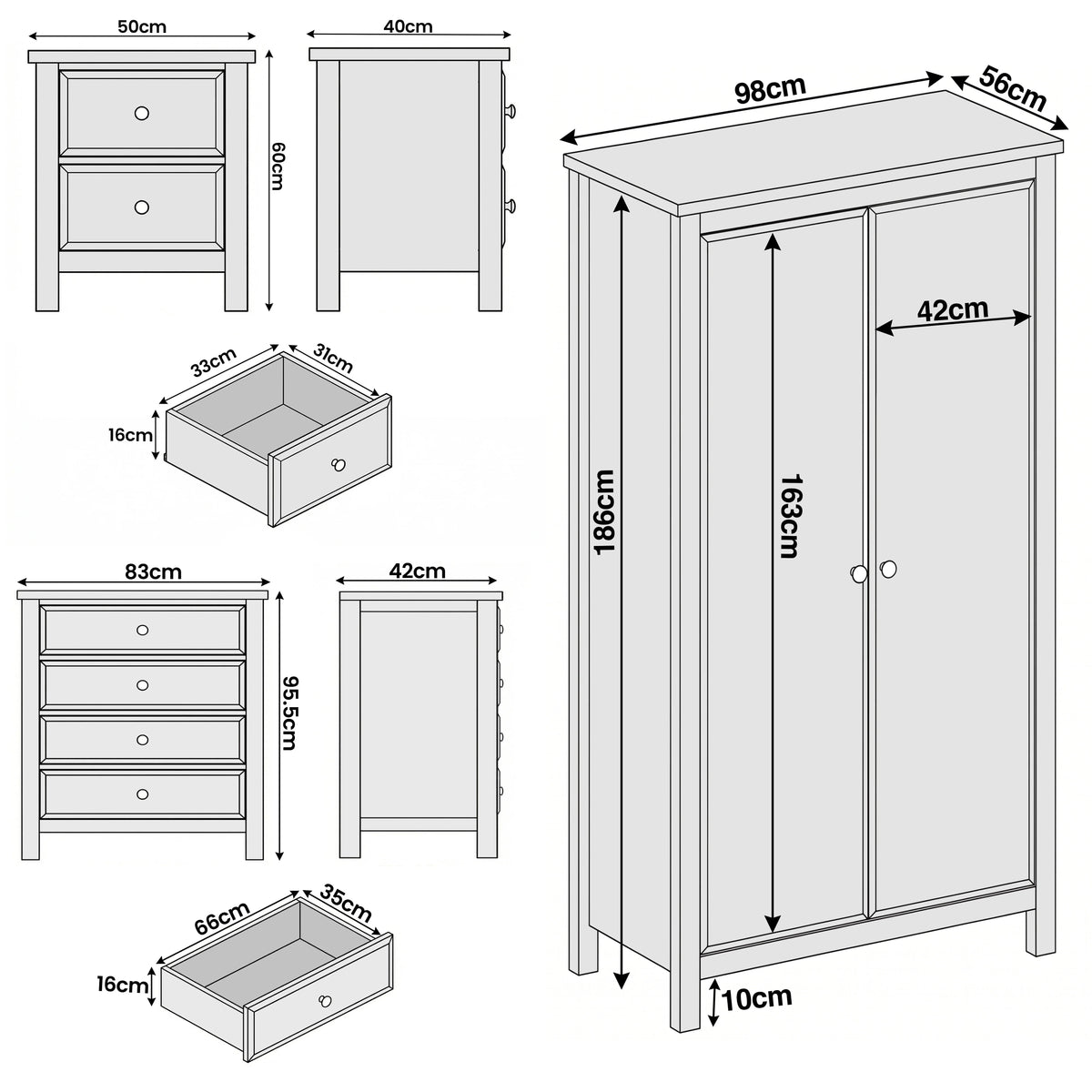 [Blue] Haven bedroom furniture set dimensions: wardrobe 98x56x186, chest 83x42x95.5, bedside 50x40x60 cm