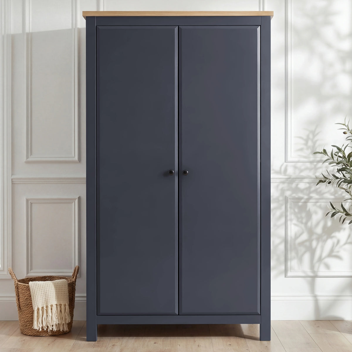 [Blue] 2 door wardrobe from Haven bedroom furniture set, closed front view in blue with oak top panel