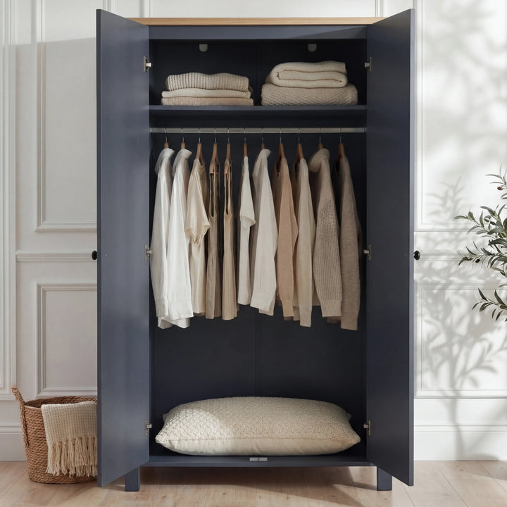 [Blue] Haven bedroom furniture set 2 door wardrobe open, hanging rail and top shelf inside blue cabinet