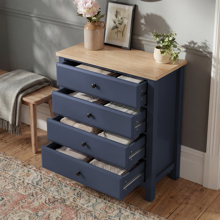 [Blue] Haven bedroom furniture set 4-drawer chest with all drawers open, blue painted body and oak top