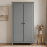 [Grey] Haven bedroom furniture set wardrobe front, two grey doors, oak top, black wooden knobs