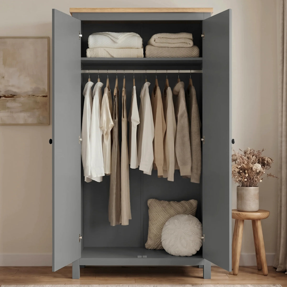 [Grey] Haven bedroom furniture set wardrobe in grey opened wide, clothing on the rail and linen on top shelf
