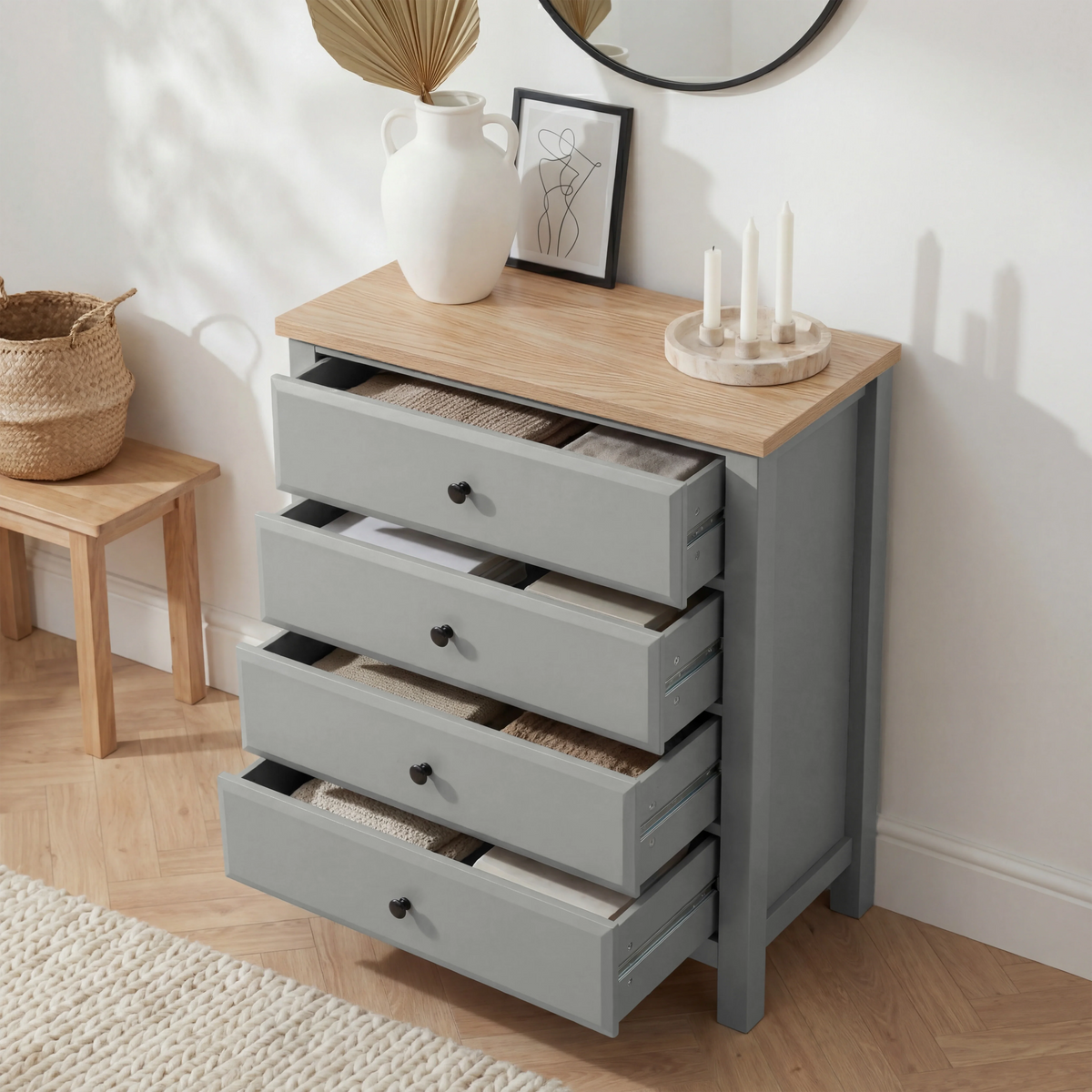 [Grey] Haven bedroom furniture set chest with all four drawers open on smooth metal runners, oak top above