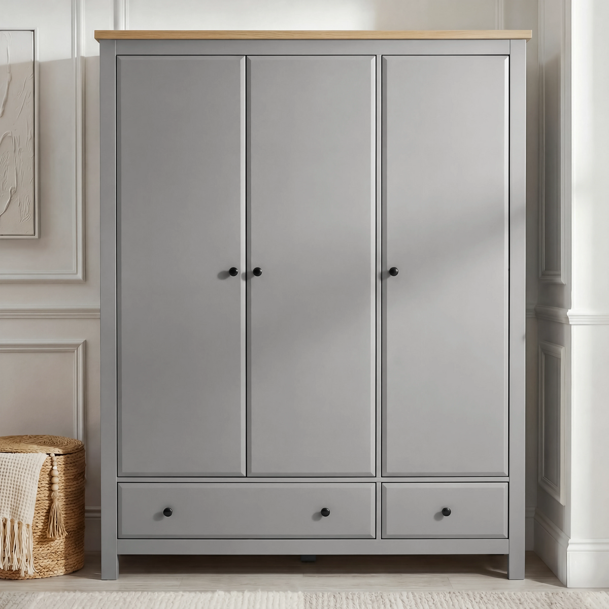 [Grey] Haven bedroom furniture set triple wardrobe front, grey oak top, three panelled doors, black round knobs