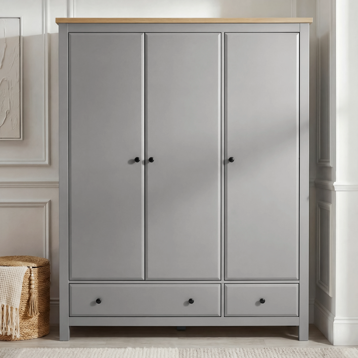 [Grey] Haven bedroom furniture set triple wardrobe front, grey oak top, three panelled doors, black round knobs