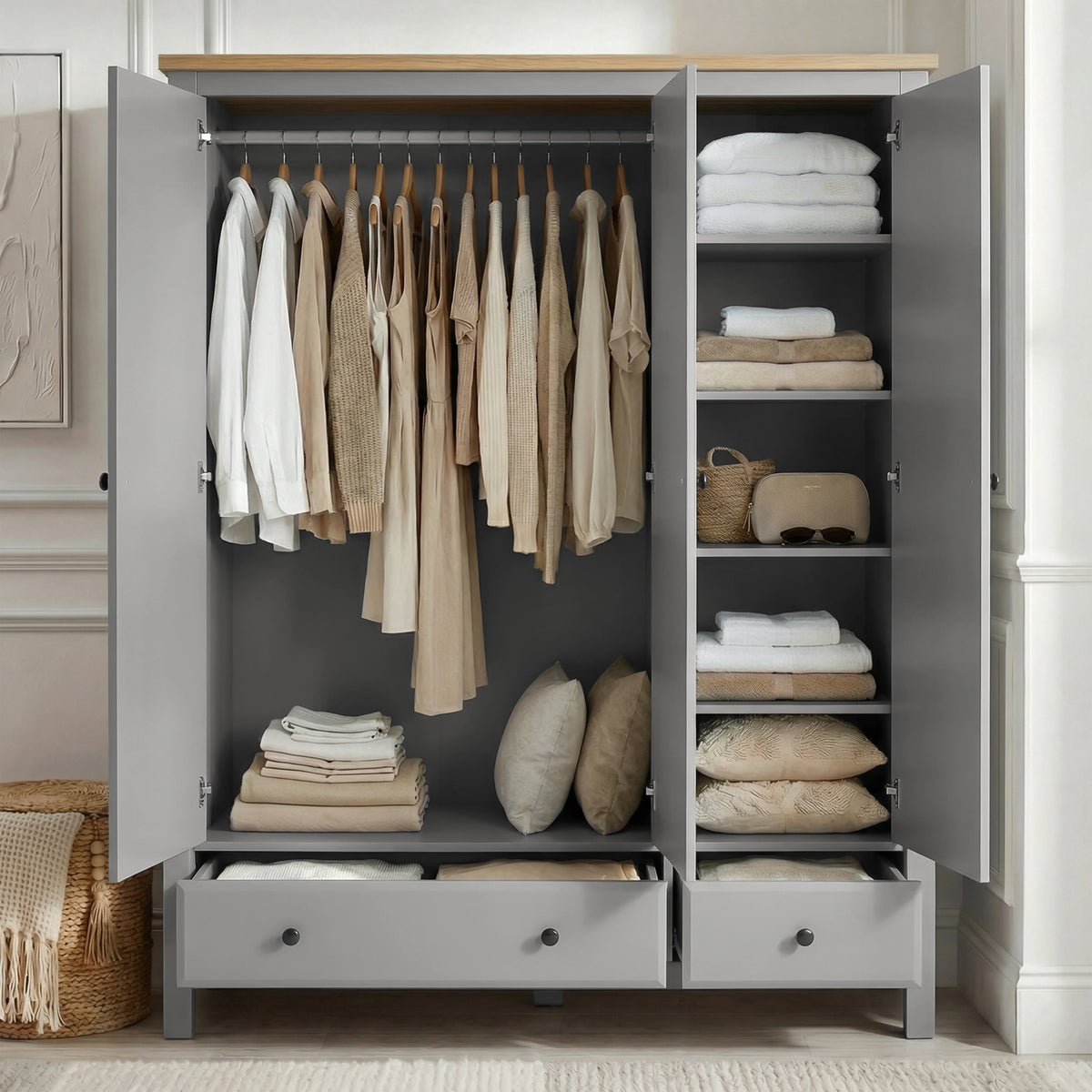[Grey] Haven bedroom furniture set wardrobe open: hanging rail, five shelves and two base drawers inside