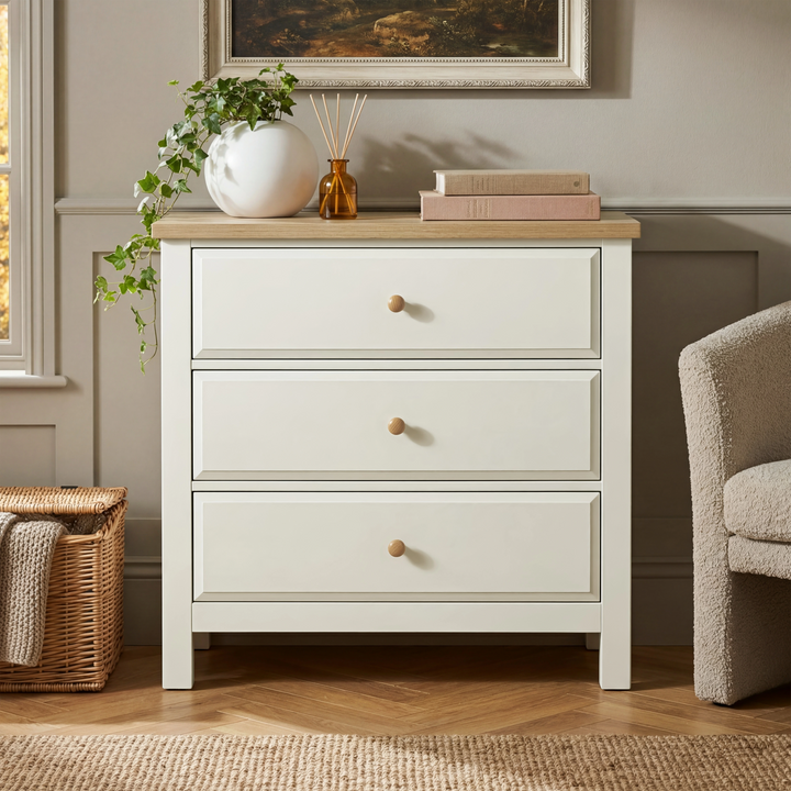 [White] Haven bedroom furniture set 3-drawer chest in white with oak veneer top and three round oak wooden knobs