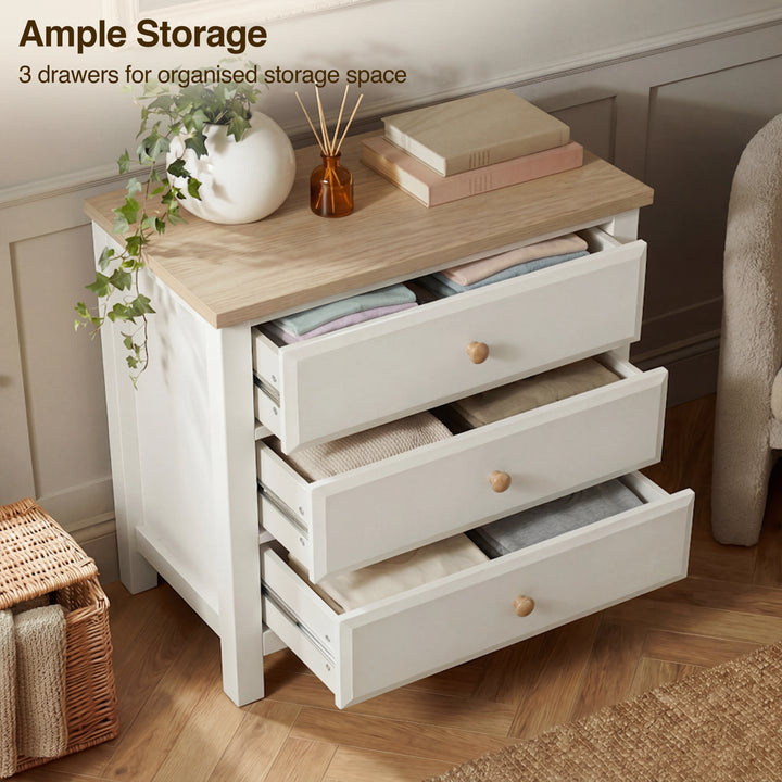 [White] Haven bedroom furniture set 3-drawer chest with all three drawers open showing storage, oak top and knobs
