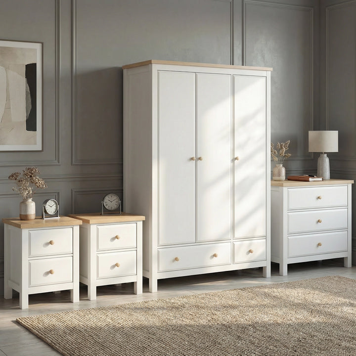 [White] Haven bedroom furniture set in white: 3-door wardrobe, 3-drawer chest and two 2-drawer bedsides, oak tops