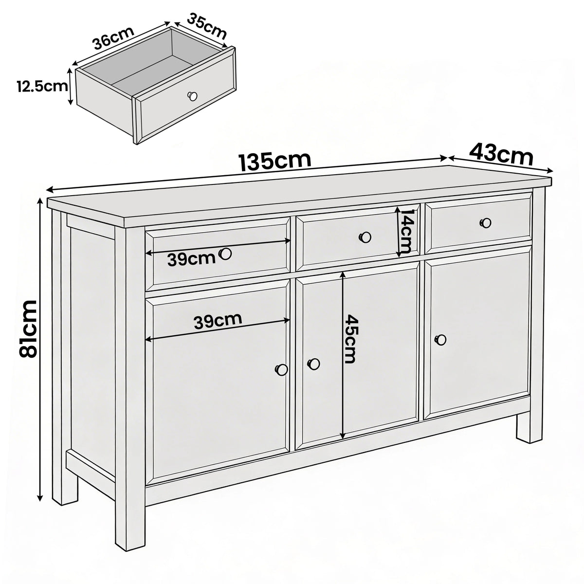 [Black] Haven 3-door sideboard dimensions diagram showing 135cm W x 43cm D x 81cm H frame and 45cm door height