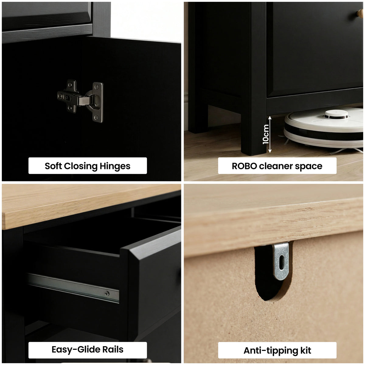 [Black] Haven 3-door sideboard feature panels showing soft-close hinges, 18cm robot-cleaner gap and easy-glide drawer rails
