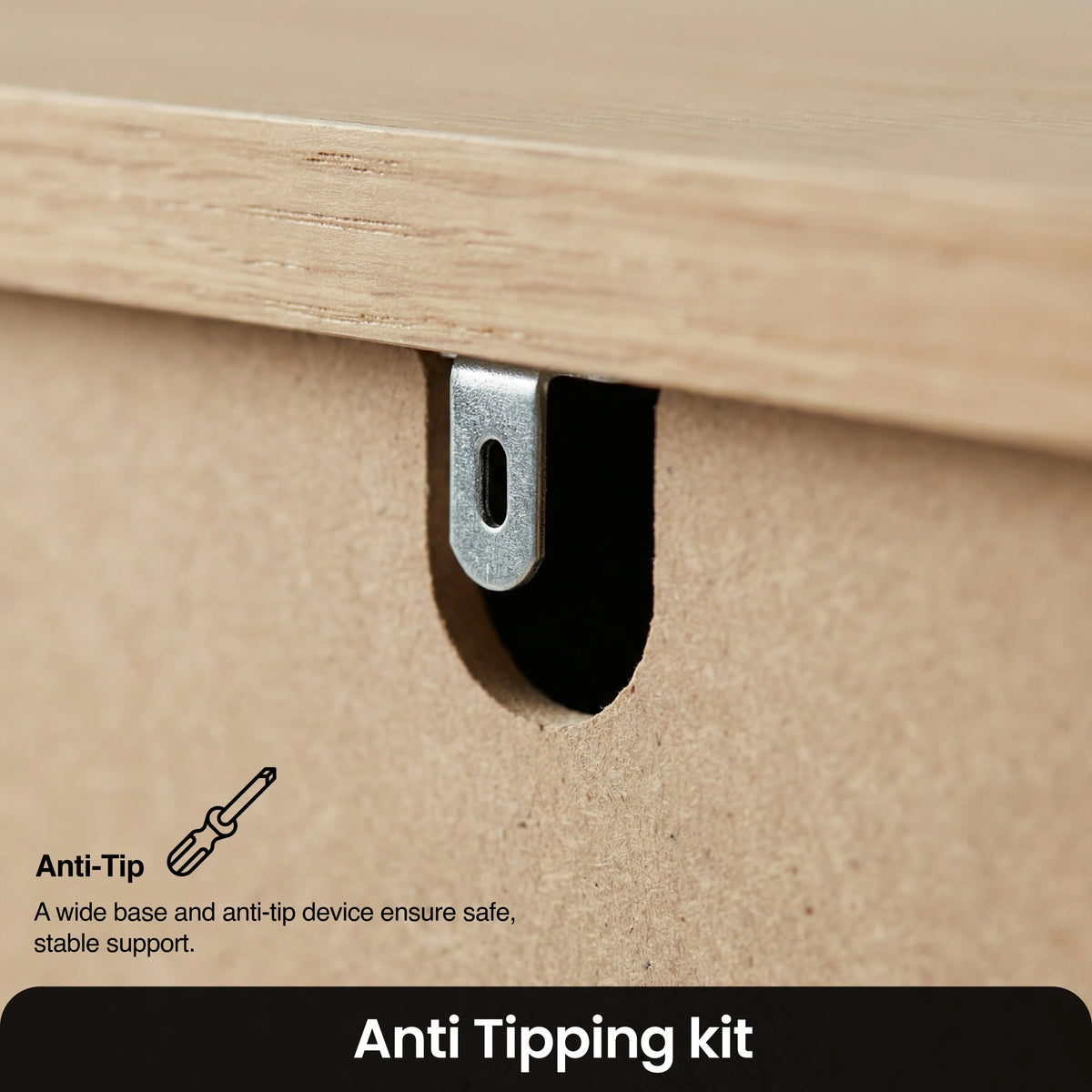 [Black] Haven 5-drawer tall chest detail showing anti-tip wall safety bracket and oak veneer top edge close-up