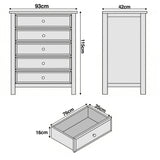 [Black] Haven 5-drawer tall chest dimensions diagram showing W93cm x D42cm x H115cm with drawer depth measurements