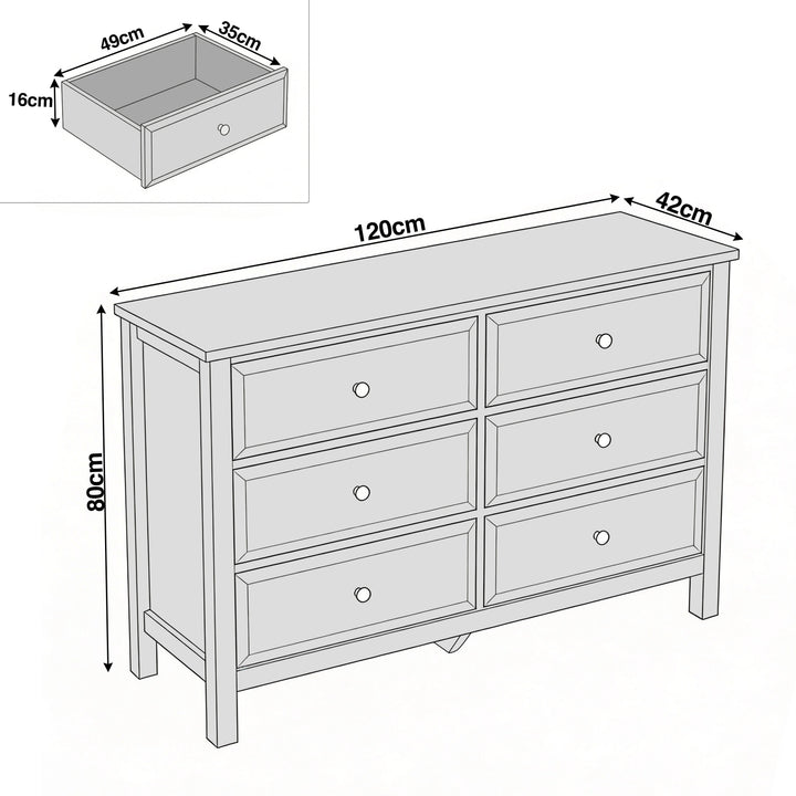 [Blue] Haven 6-drawer chest dimensions diagram showing W120cm x D42cm x H80cm with drawer 49x35x16cm