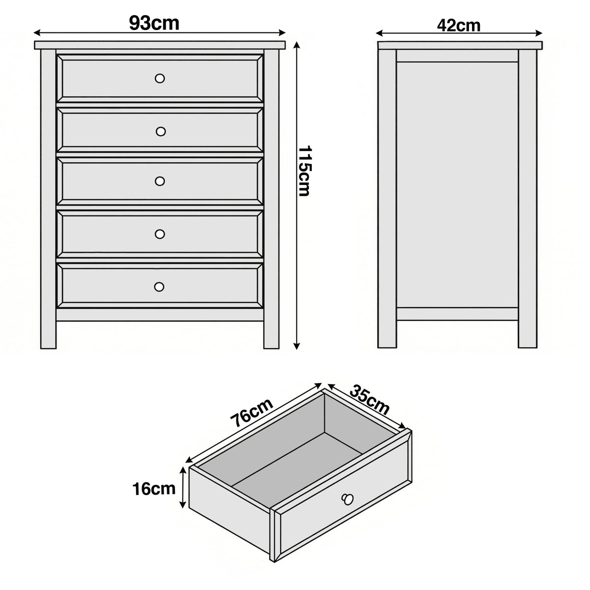 [Blue] Haven 5-drawer tall chest dimensions diagram showing W93cm x D42cm x H115cm with drawer depth measurements
