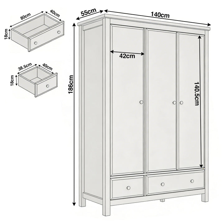 [Blue] Haven wardrobe dimensions 140 x 55 x 186 cm with 42 cm interior, 140.5 cm hanging rail, drawer 80x40x18