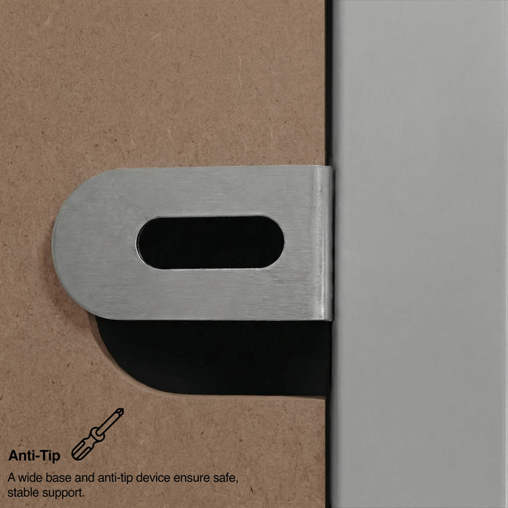 [Grey] Haven 6-drawer chest safety feature, metal L-bracket attached at top-rear with text on wide-base stability