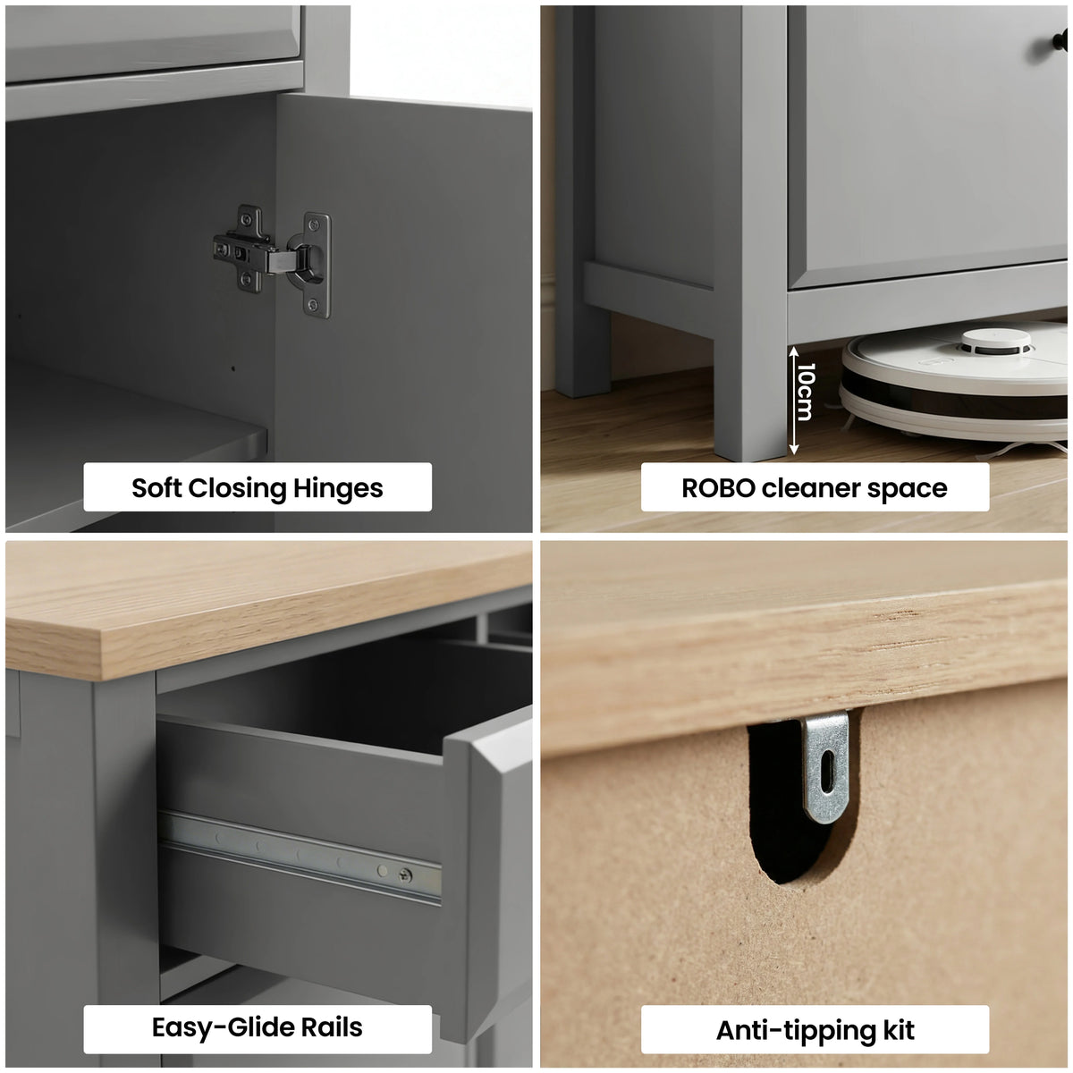 [Grey] Four-tile graphic of Haven grey sideboard hardware: hinges, under-cabinet vacuum space, glides and anti-tip fitting
